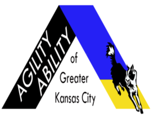An A-frame with a black and white border collie stopped in the yellow contact zone of the down ramp. Agility Ability is written on the inside of the up ramp and the rest of the club name is in the white space between the 2 ramps of the A-frame.